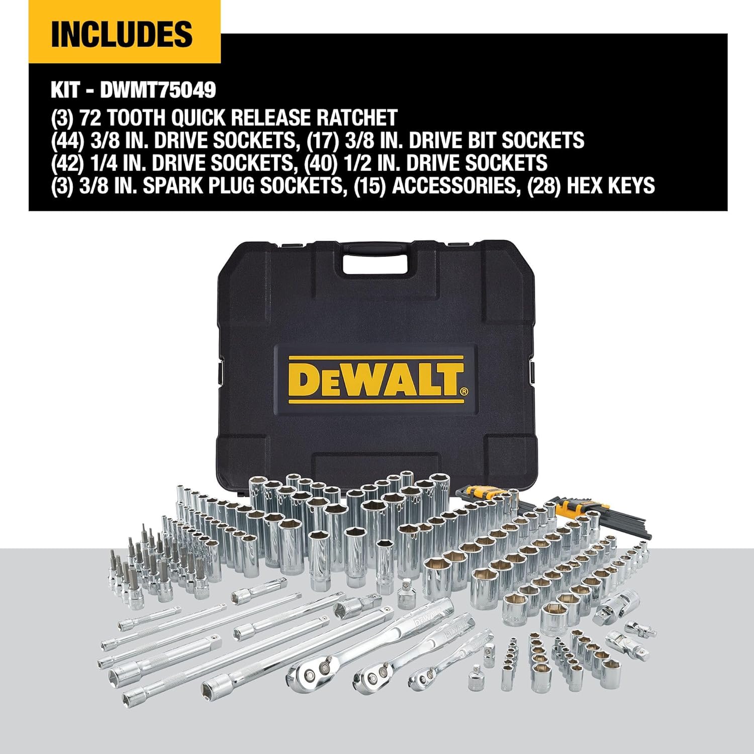 DEWALT 192 Pcs. Mechanics Tool Set, 1/2, 1/4, 3/8 Socket Set, SAE and Metric Socket Wrench Set, Hard Shell Tool Box