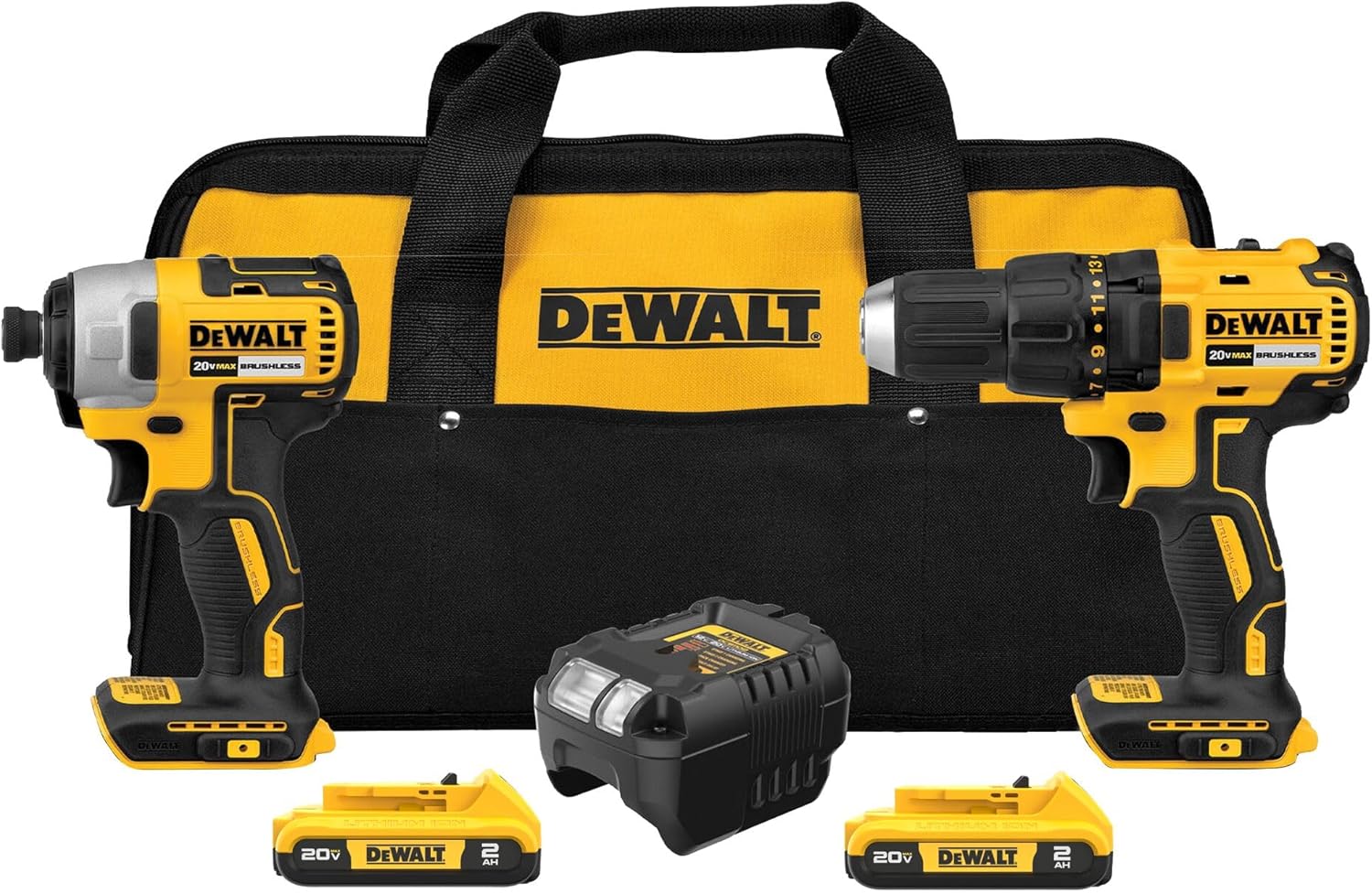 DEWALT 20V MAX Cordless Drill and Impact Driver, Power Drill Brushless 2-Tool Power Tool Combo Kit, Includes 2 Batteries, Charger and Bag