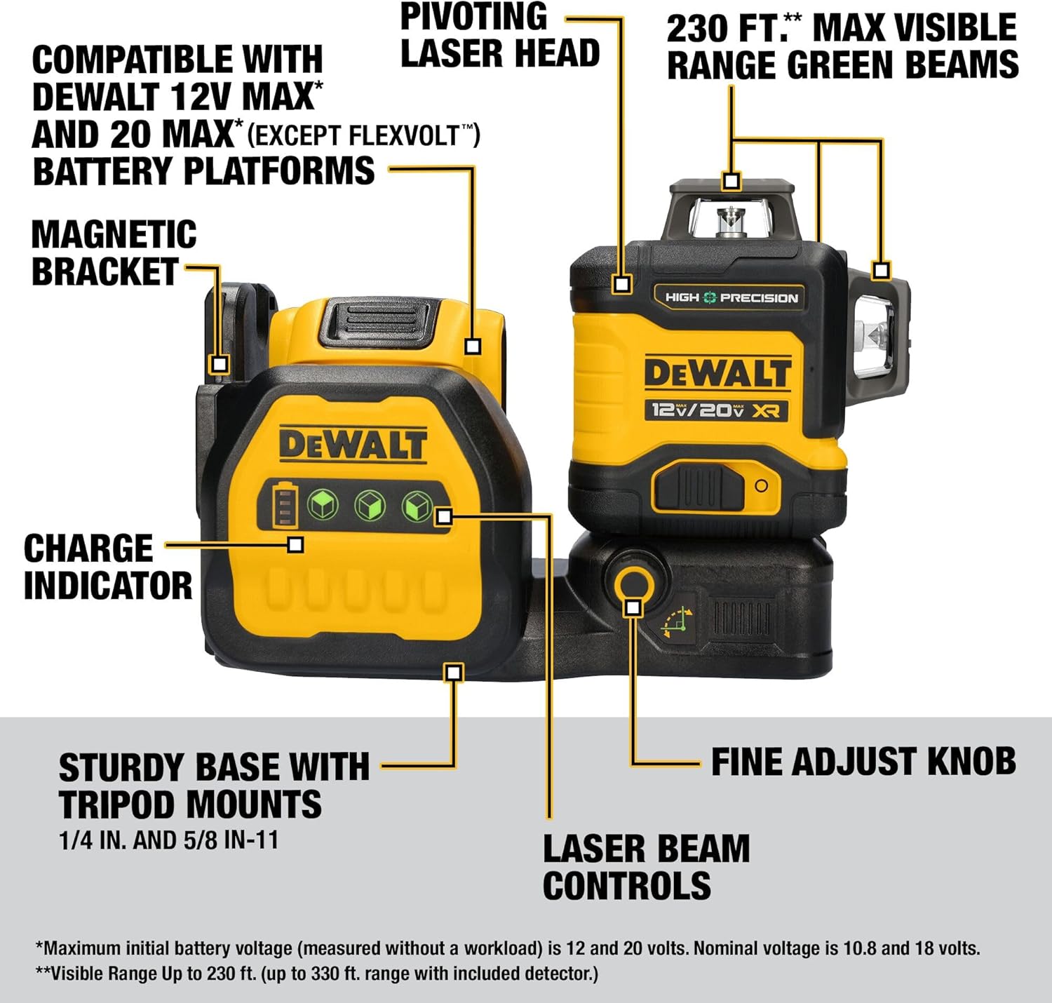DEWALT 12V/20V MAX XR Line Laser, High Precision 3 X 360, Green, Battery and Charger Included