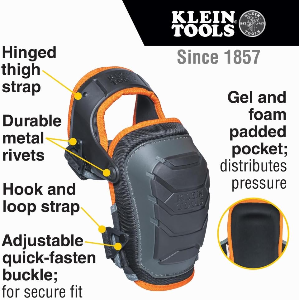 Klein Tools 60491 Hinged Knee Pads, Heavy Duty Gel Foam Protective Knee Pads with Quick-Fasten Buckle and Thigh Strap, Black
