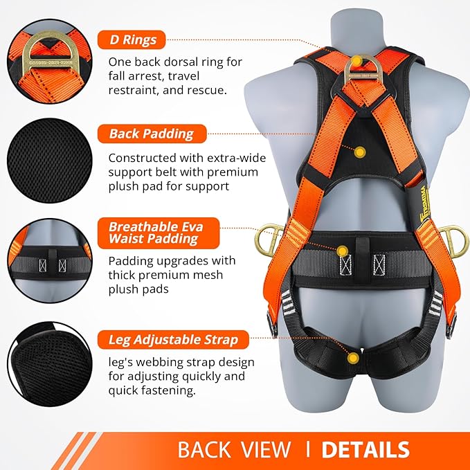 TRSMIMA Safety Harness Fall Protection - Roofing Harness Kit Men Full Body Construction Harness with Lanyard for Work Upgrade 4 Quick Buckles Orange