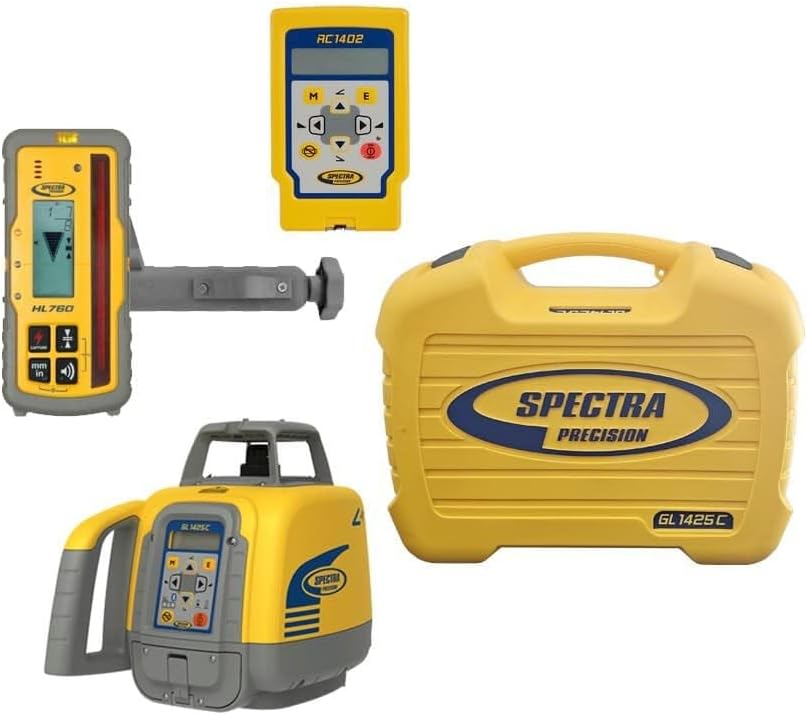 Spectra Precision GL1425C Dual Grade Laser Kit with HL760 Receiver, RC1402 Remote, C70 Clamp, Vertical Adapter & NiMH Battery — IP66 2,600 ft Range - With Spectra App - Professional - Small Case