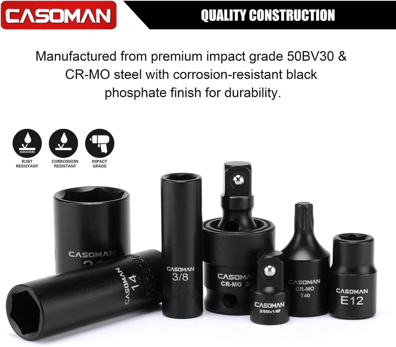 CASOMAN 153-Piece 1/4" & 3/8" & 1/2" Drive Master Impact Socket Set with Case, Professional Standard and Deep Socket Tool Set, 6 Point, SAE and Metric Sizes