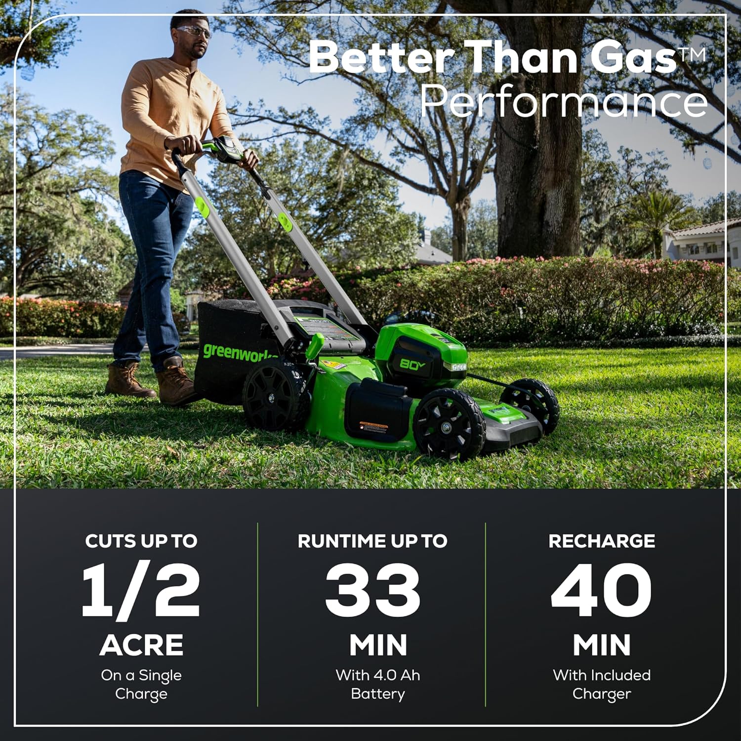 Greenworks 80V 21" Self-Propelled Cordless Lawn Mower – Brushless Motor, LED Lights, 4.0Ah Battery & Rapid Charger (75+ Compatible Tools)