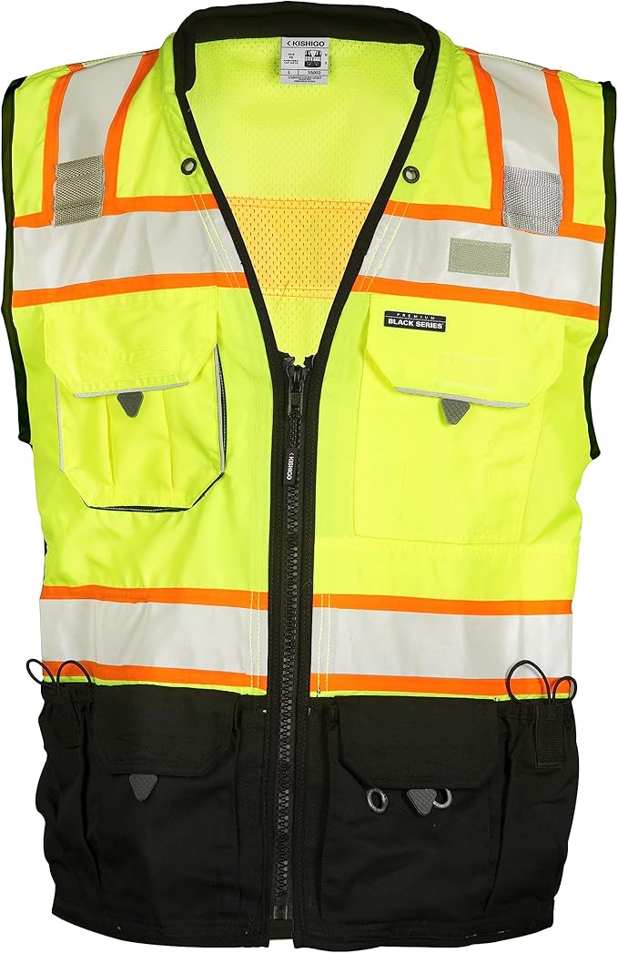 Kishigo Premium Black Series Men's Surveyors Vest S5002, Class 2 Hi-Vis, 10 Pockets, Zipper, Durable Webbing, ANSI/ISEA 107