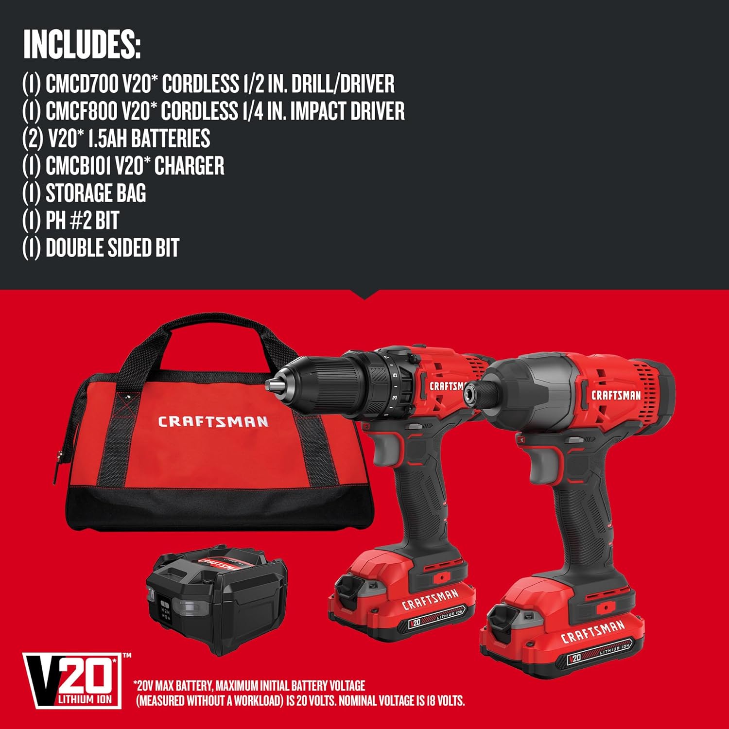 CRAFTSMAN V20 MAX Cordless Drill Driver and Impact Driver Set, Power Tool Set with 2 Batteries and Charger, LED Work Light, 2 Bits, Bag