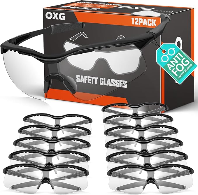 OXG 12 Pack Anti Fog Safety Glasses for Men, ANSI Z87.1 Safety Goggles Impact Scratch Resistant Eye Protection for Work