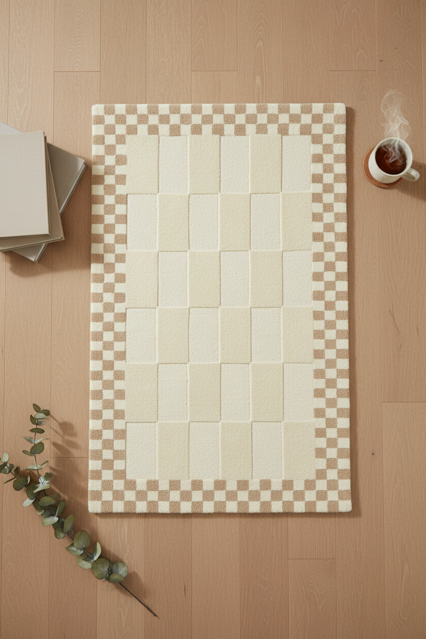 Beige Checkerboard Plush Rug