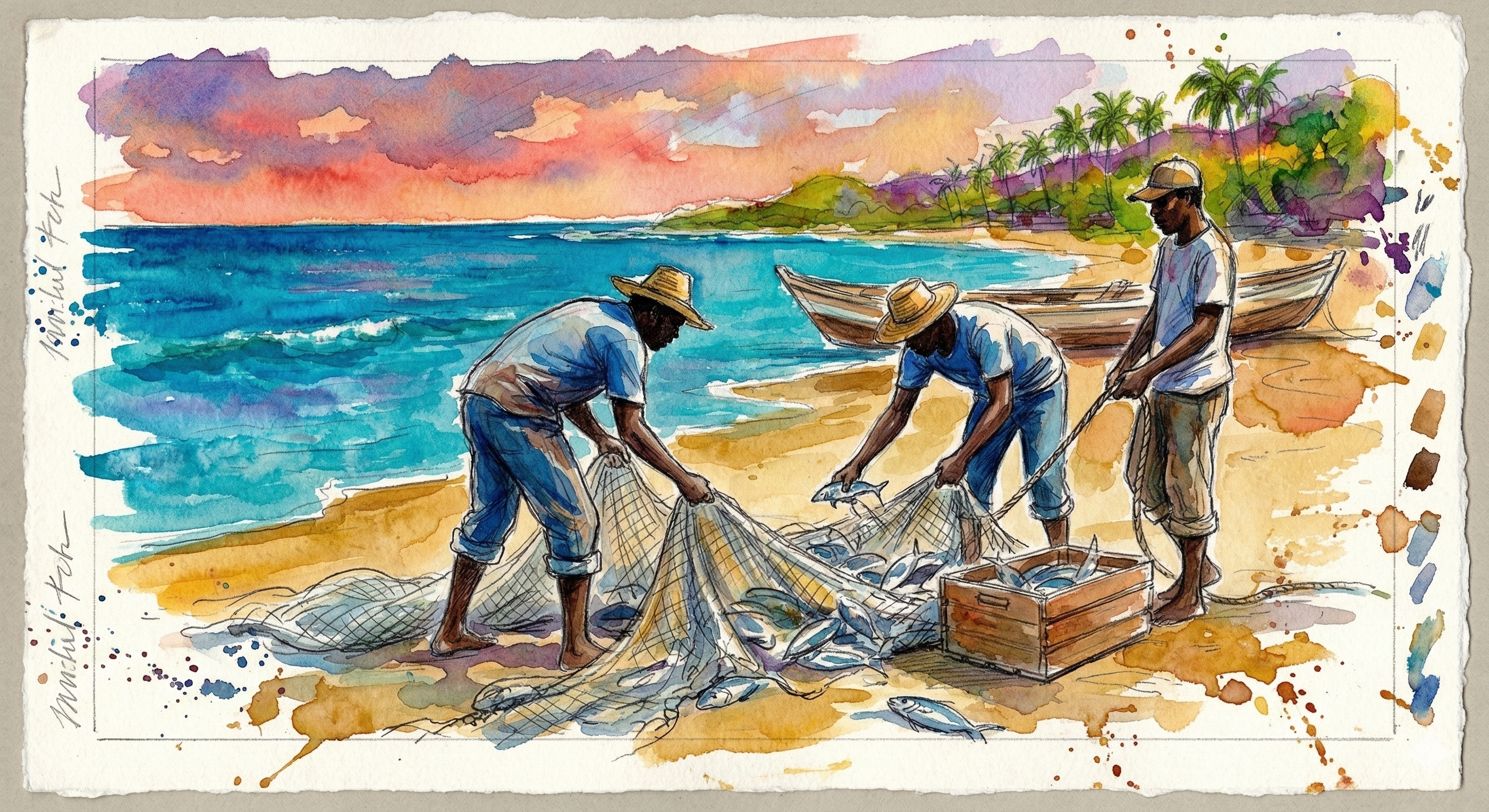 Fishermen at Sunset Watercolor Print
