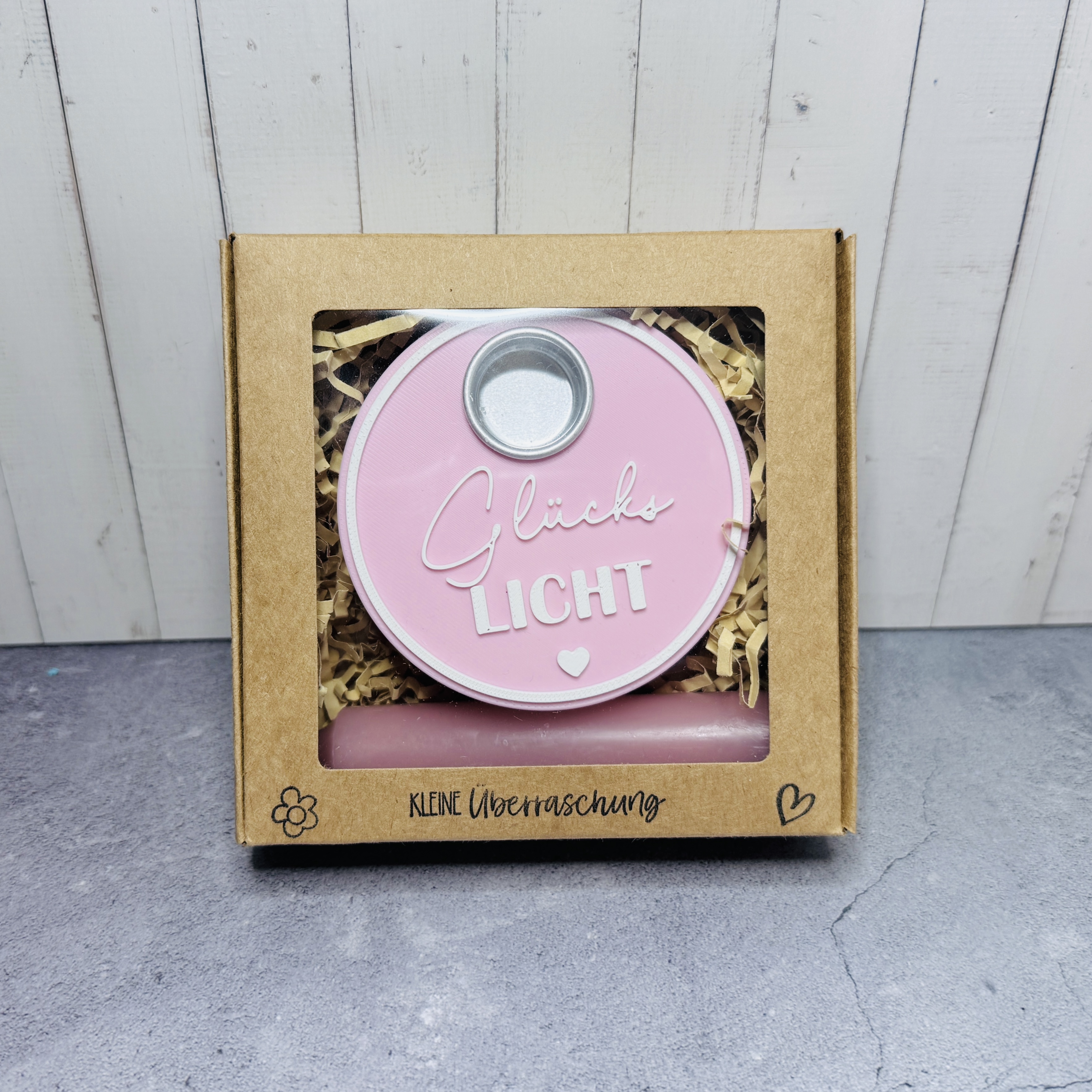 Klitzekleine Geschenkidee jederzeit - Glückslicht in rosa mit weißer Schrift