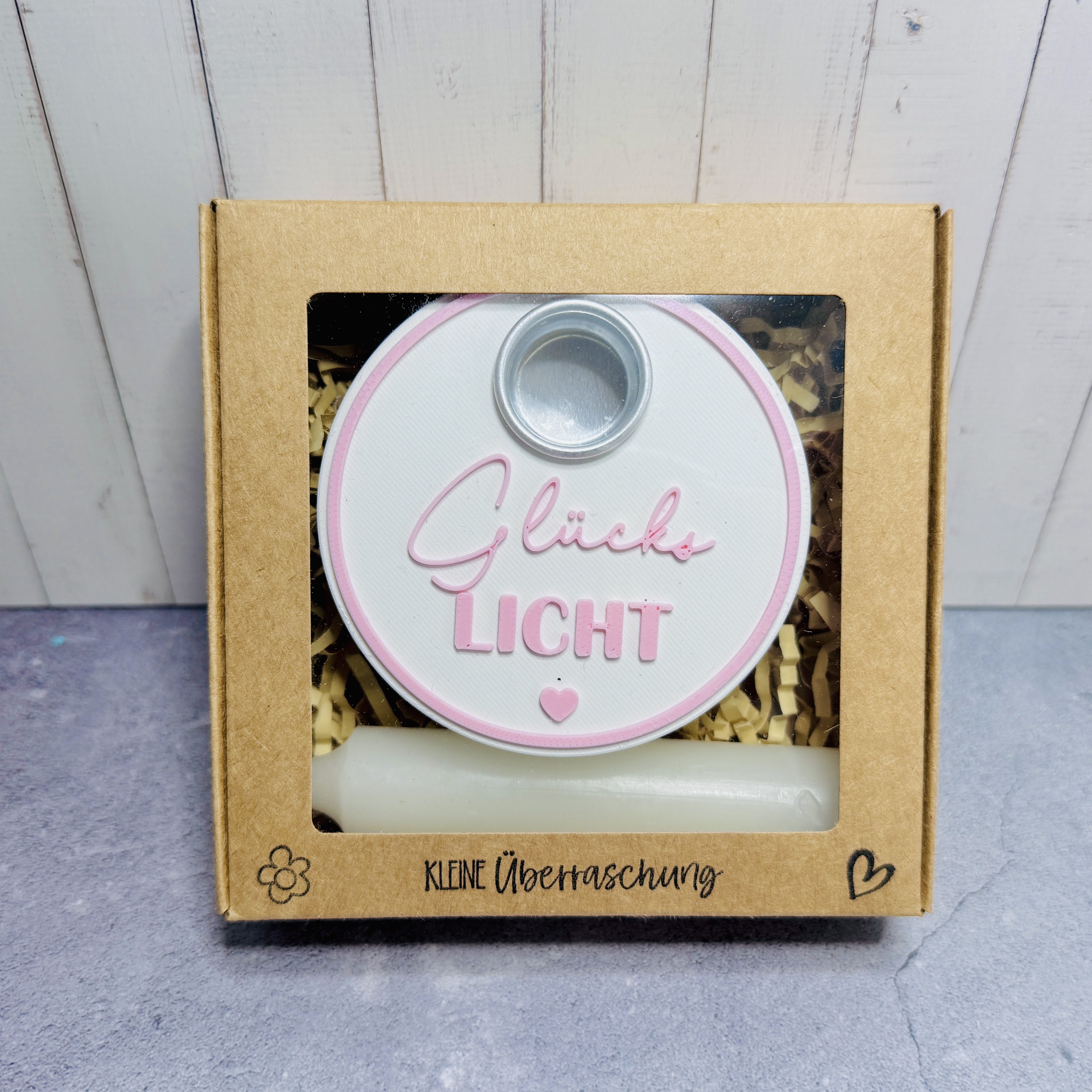 Klitzekleine Geschenkidee jederzeit - Glückslicht in weiß mit rosa Schrift