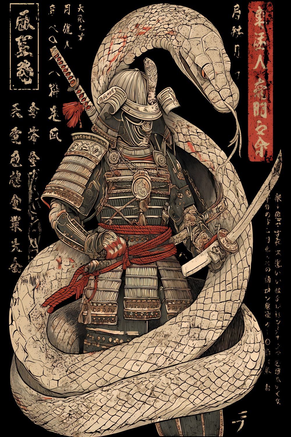 Samurai and White Serpent Art Print