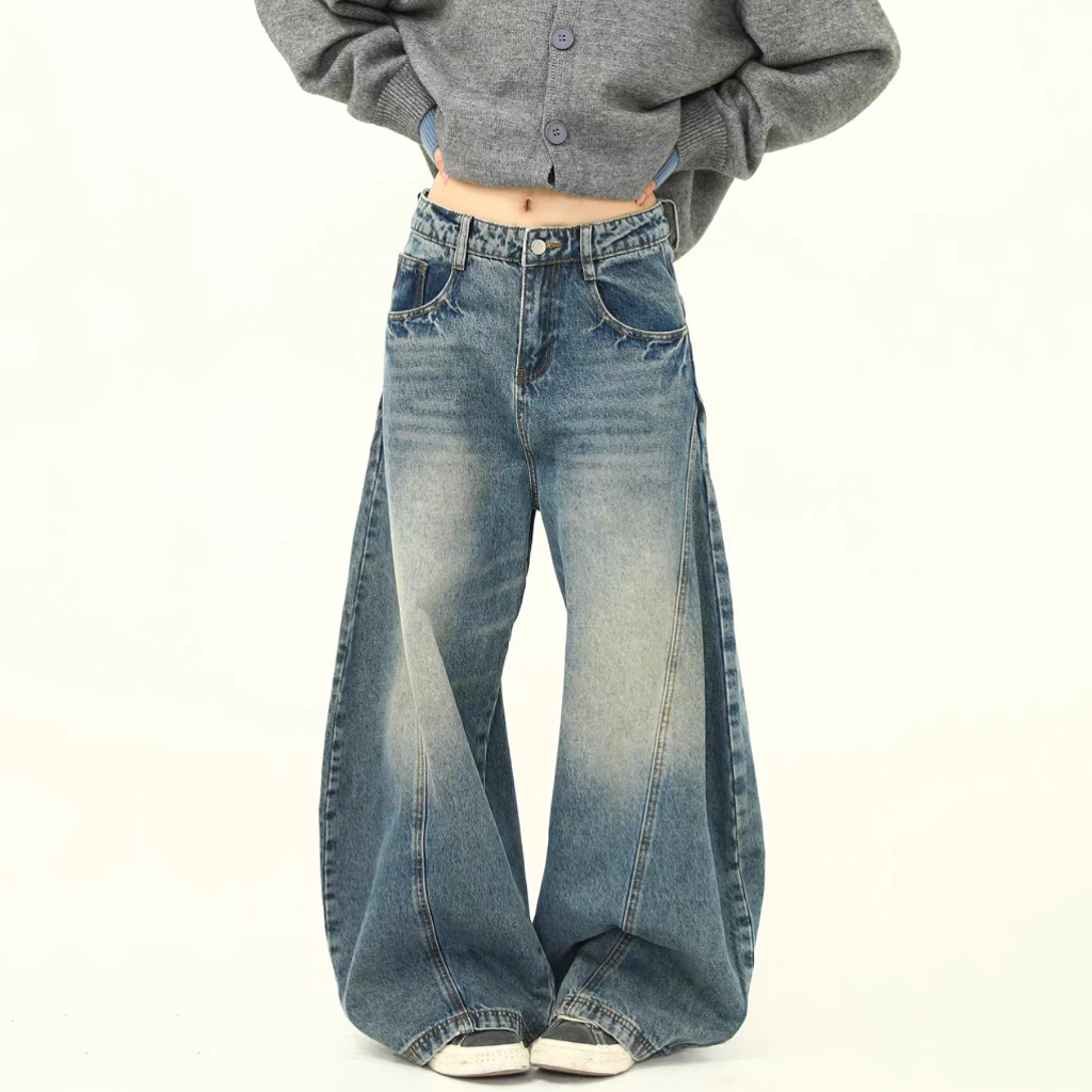 Vintage Scimitar Jeans High quality loose casual wide leg long pants for men High Street Style Denim Pants Unisex
