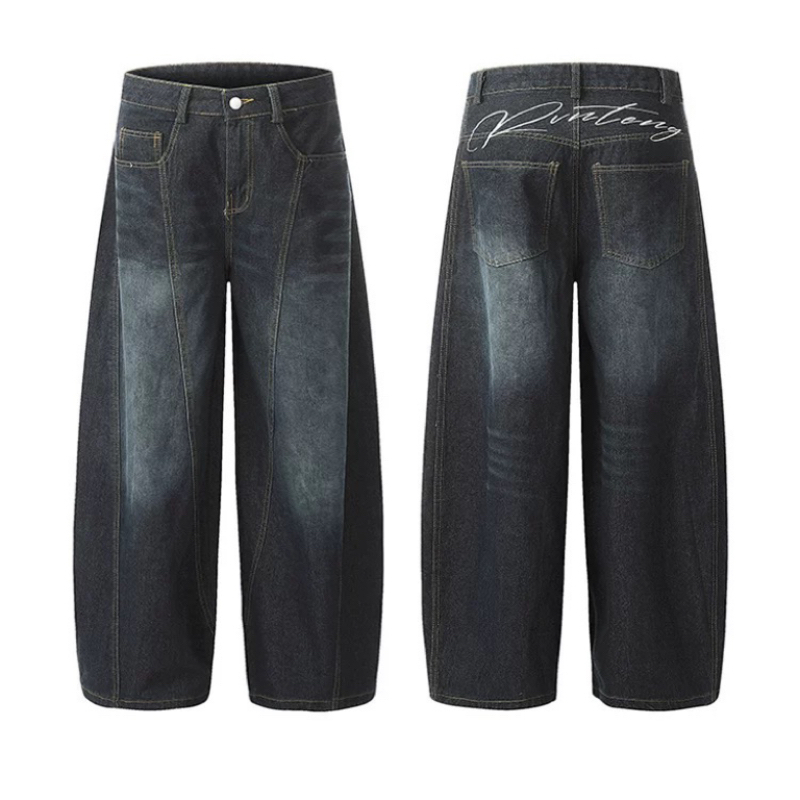 Korean style embroidered jeans loose wide leg scimitar jeans High waist straight floor length casual pants Unisex