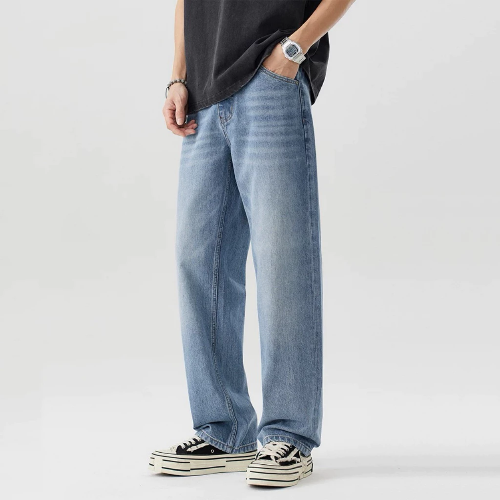 Denim jeans for men Korean style fashion retro loose straight pant Casual premium denim long trouser