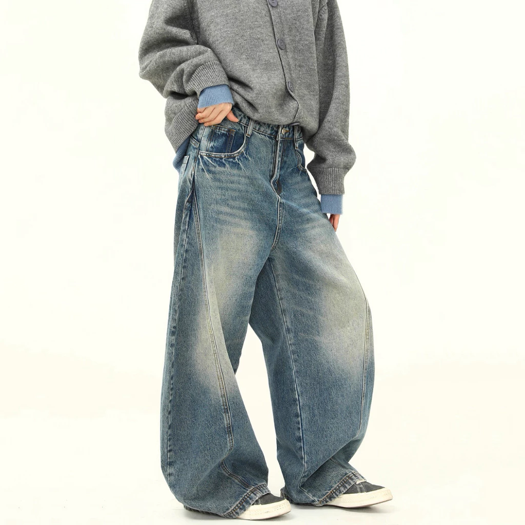Vintage Scimitar Jeans High quality loose casual wide leg long pants for men High Street Style Denim Pants Unisex