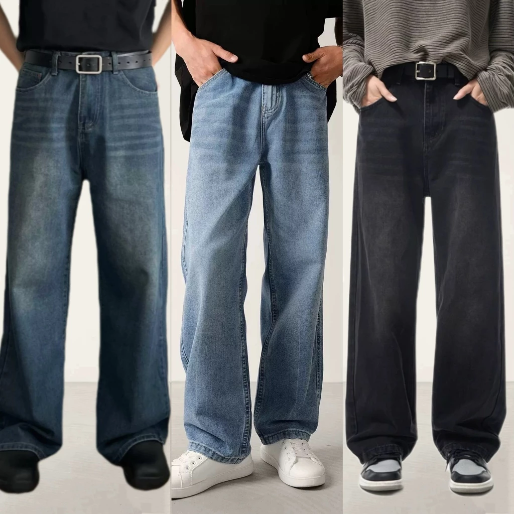 Denim jeans for men Korean style fashion retro loose straight pant Casual premium denim long trouser
