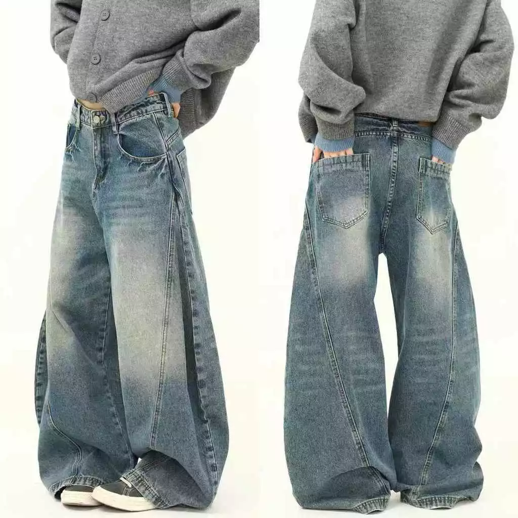 Vintage Scimitar Jeans High quality loose casual wide leg long pants for men High Street Style Denim Pants Unisex