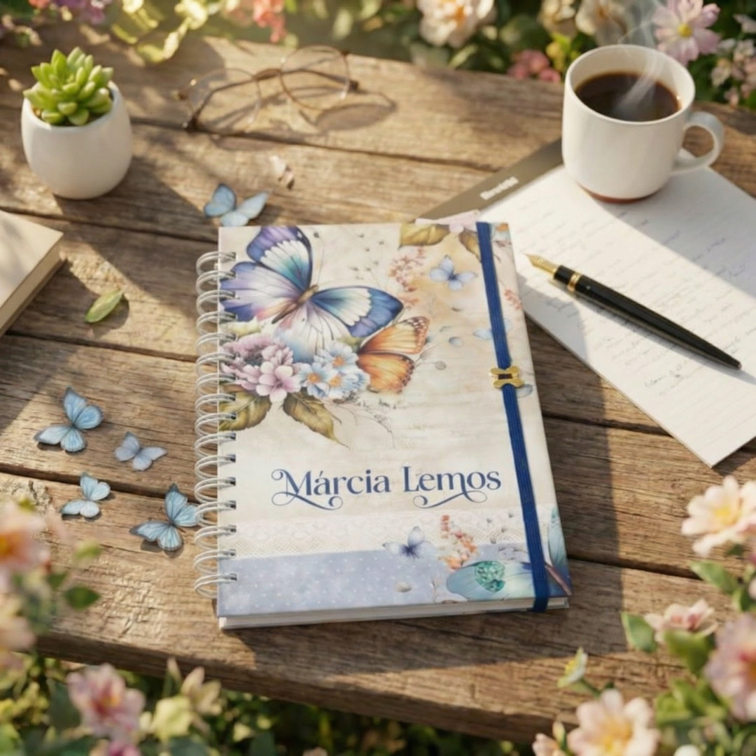 Caderno Pequeno Personalizado A5 Borboleta Floral - ENVIE O NOME PARA PERSONALIZAÇÃO | Capa Dura e Wire-o