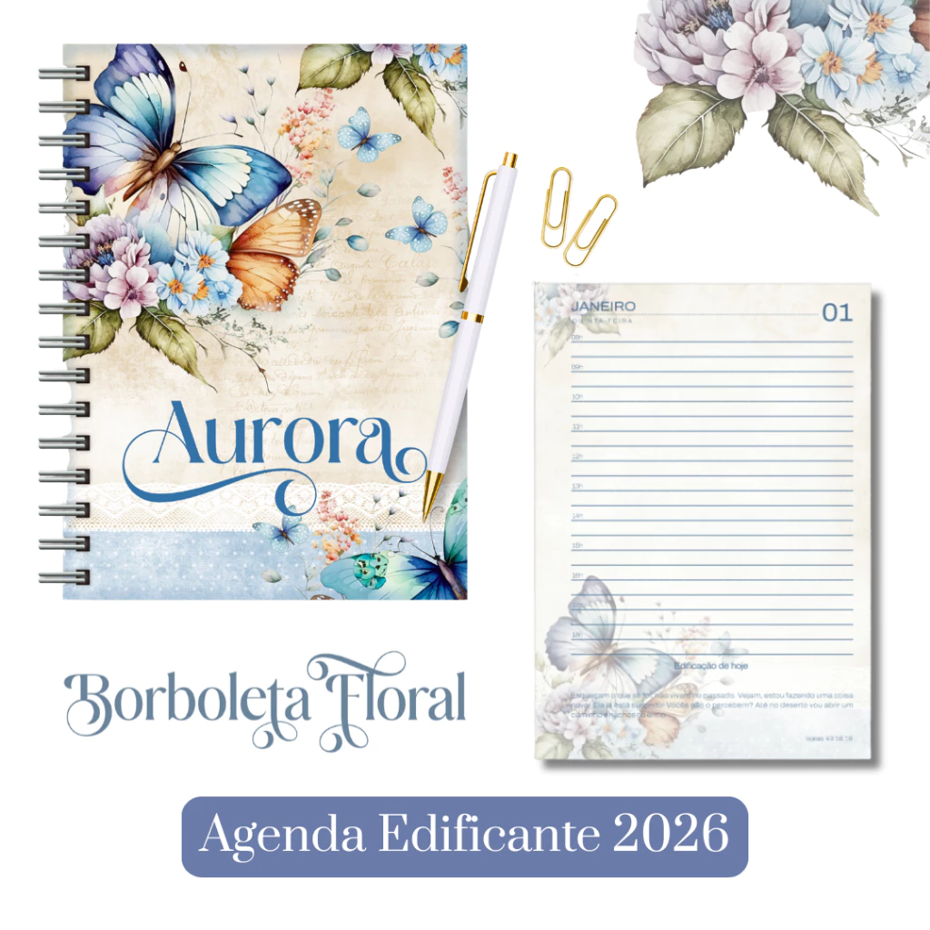 Agenda Edificante 2026 Personalizada A5 Borboleta Floral - ENVIE O NOME PARA PERSONALIZAÇÃO | Capa Dura e Wire-o