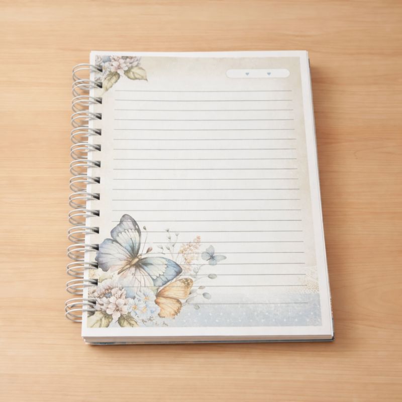 Caderno Grande Personalizado A4 Borboleta Floral - ENVIE O NOME PARA PERSONALIZAÇÃO | Capa Dura e Wire-o