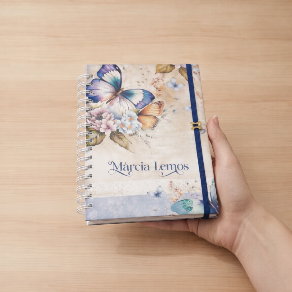 Caderno Pequeno Personalizado A5 Borboleta Floral - ENVIE O NOME PARA PERSONALIZAÇÃO | Capa Dura e Wire-o