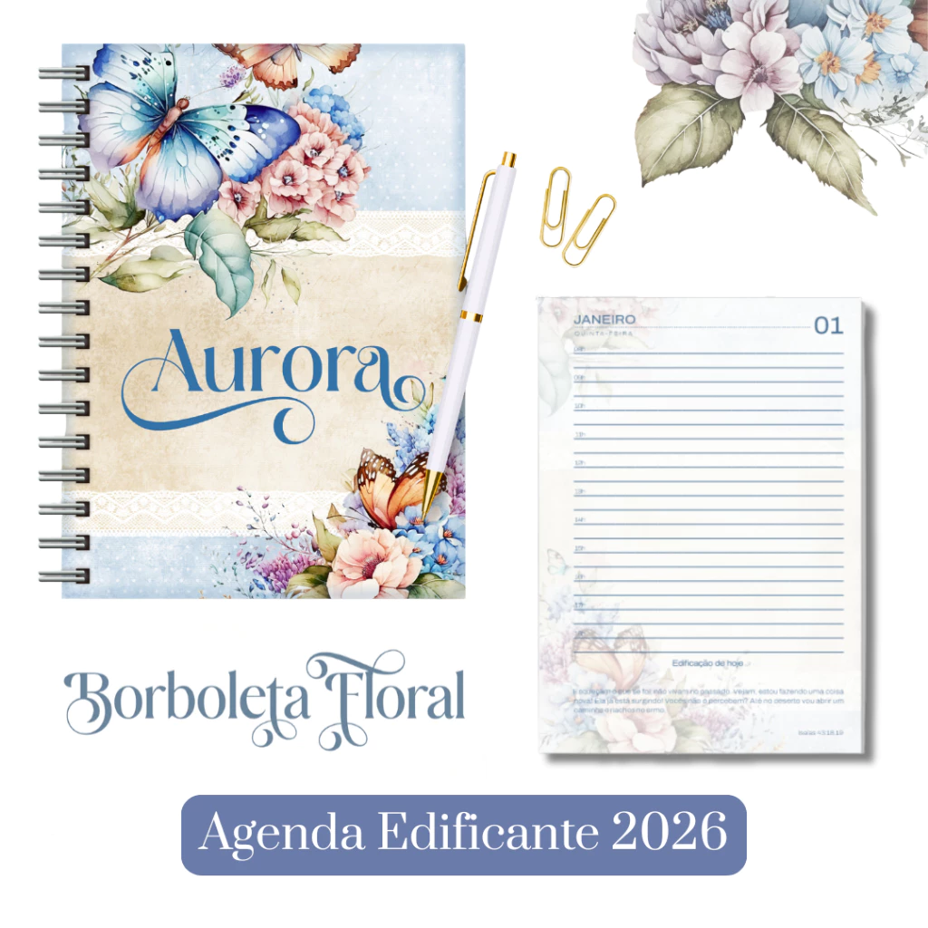 Agenda Edificante 2026 Personalizada A5 Borboleta Floral - ENVIE O NOME PARA PERSONALIZAÇÃO | Capa Dura e Wire-o