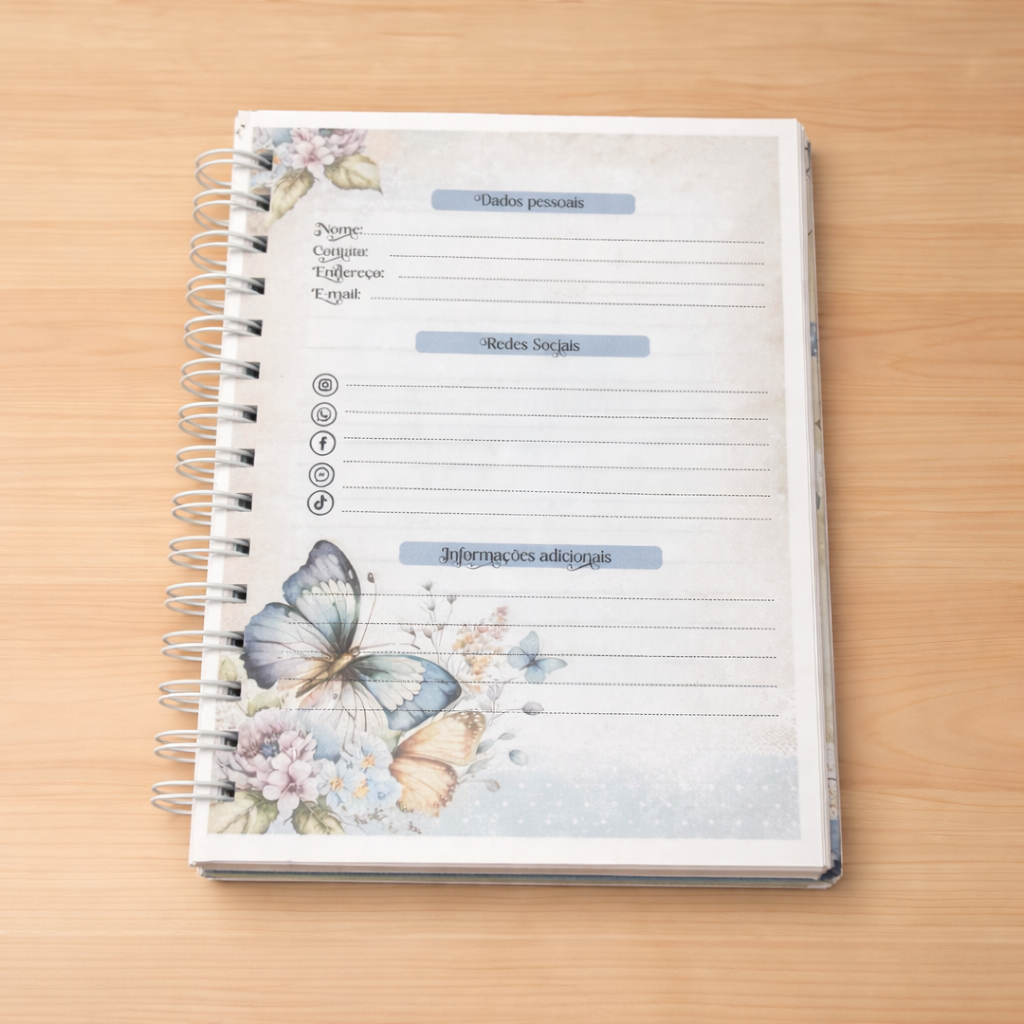 Caderno Pequeno Personalizado A5 Borboleta Floral - ENVIE O NOME PARA PERSONALIZAÇÃO | Capa Dura e Wire-o