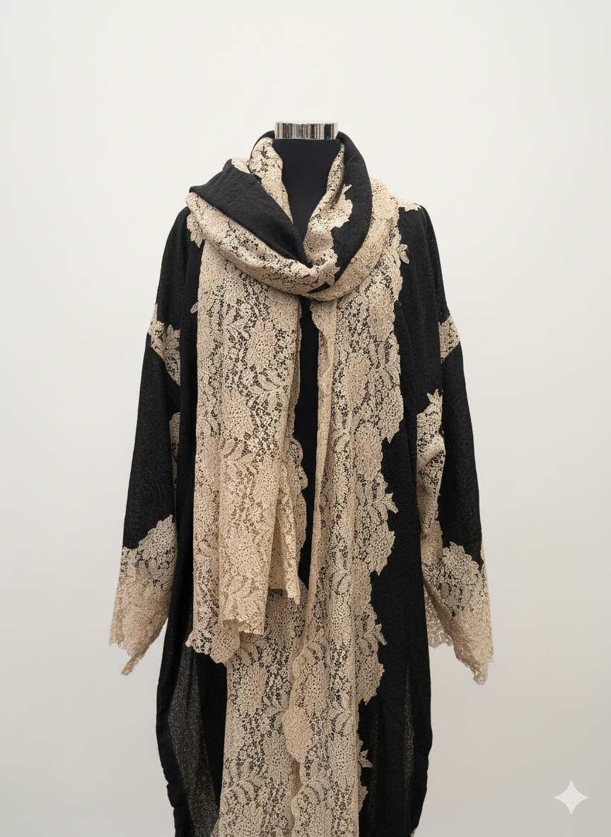Pashmina Elegant Black & Beige Lace Abaya