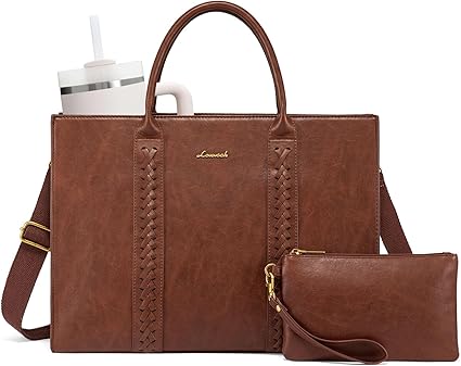 LOVEVOOK 15.6" Waterproof Leather Laptop Tote – Office & Travel Bag, Brown