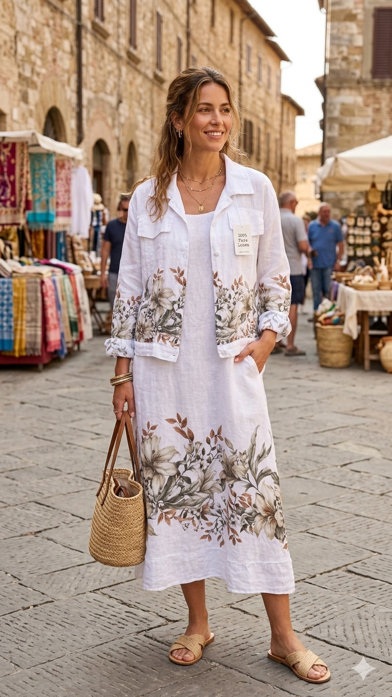 Abito lungo in lino con stampa floreale