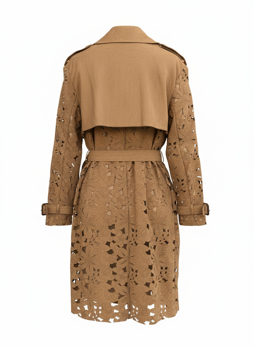 Trench Laser-Cut Effetto Scamosciato – Color Cammello