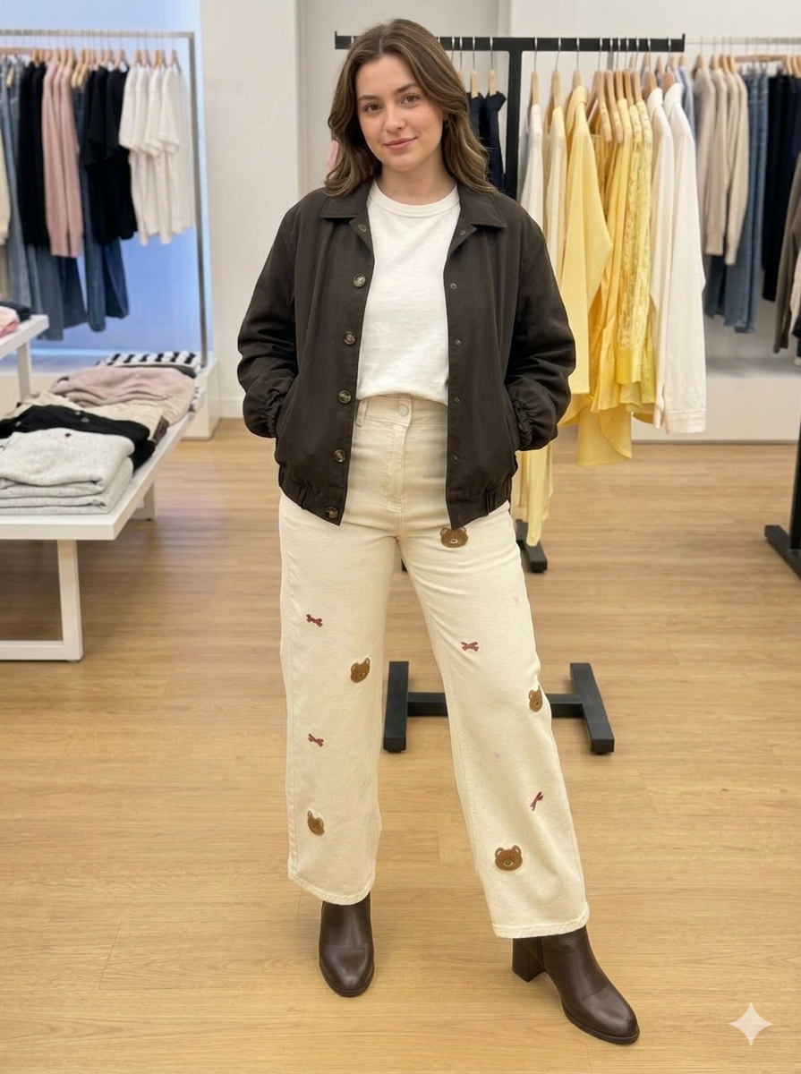 Jeans crema con orsetti ricamati