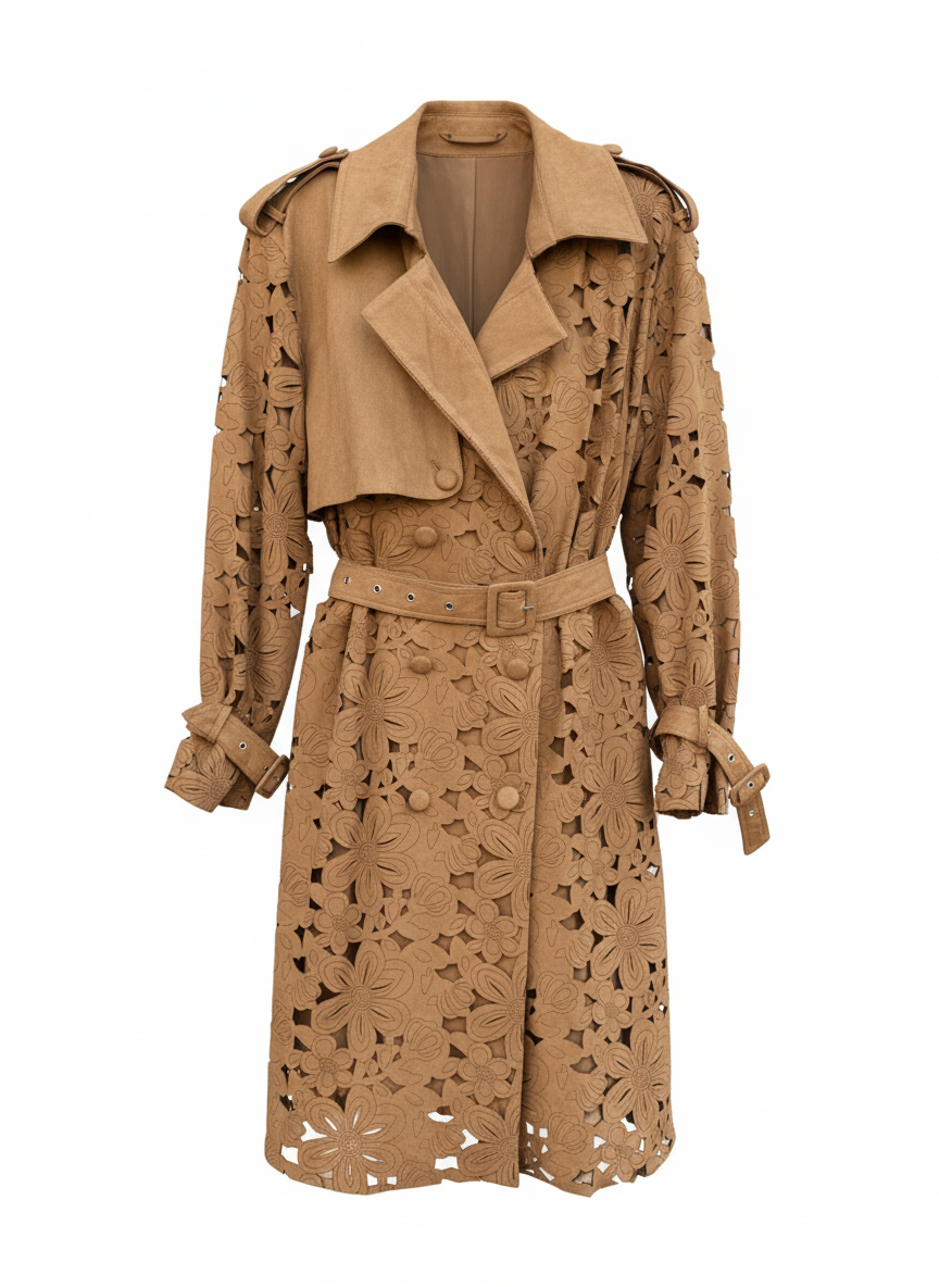 Trench Laser-Cut Effetto Scamosciato – Color Cammello
