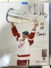 Chris Chelios Signed Red Wings Holding Cup 8x10 Photo w/02, 08 Champs (SS COA)
