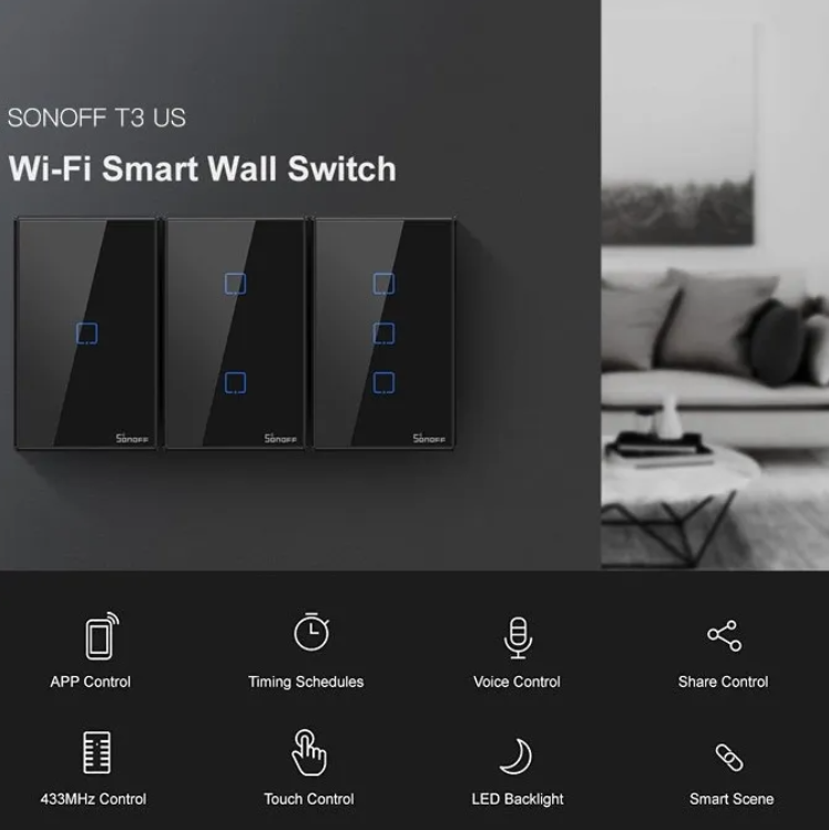 Interruptor Inteligente Touch Sonoff T3U com Módulo Receptor RF - Preto