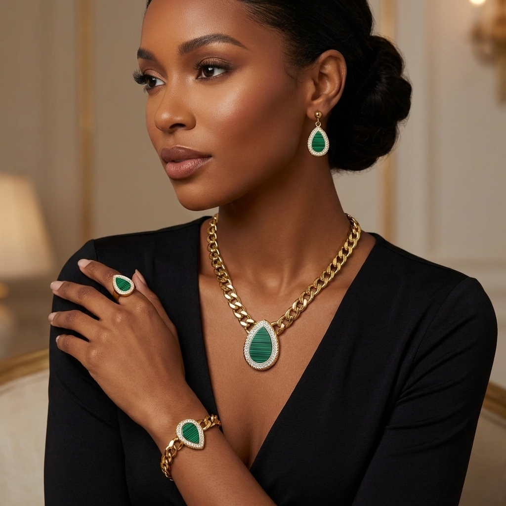 Parure de bijoux dorée et verte