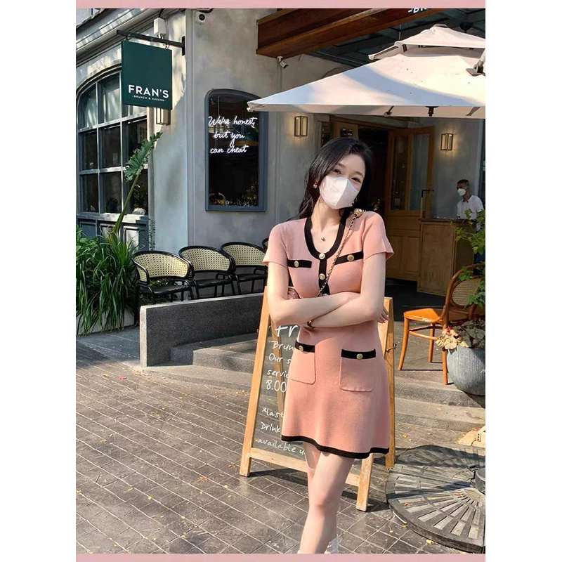 French style pink dress, ladies' slim knitted dress, summer short-sleeved dress