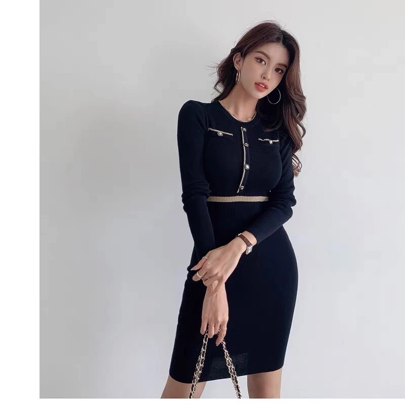 new women’s knitted long-sleeve dress /sexy dress/plain color knitted pencil dress