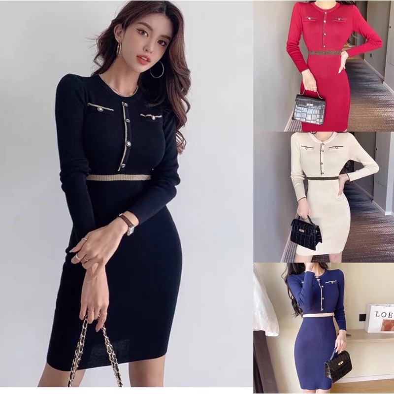 new women’s knitted long-sleeve dress /sexy dress/plain color knitted pencil dress
