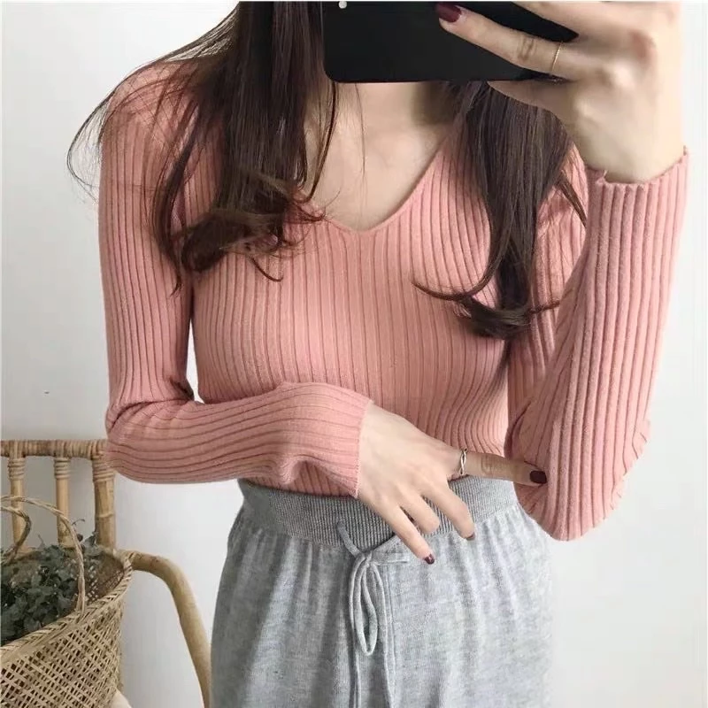 New knitted v-neck long sleeve blouse/knitted top /longsleeve top