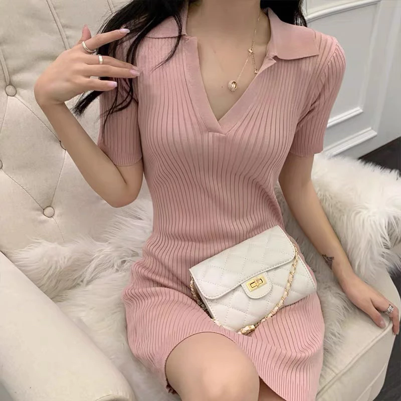 Sexy knitted polo dress /A-line dress/ sexy off v-neck dress/ sexy knitted dress