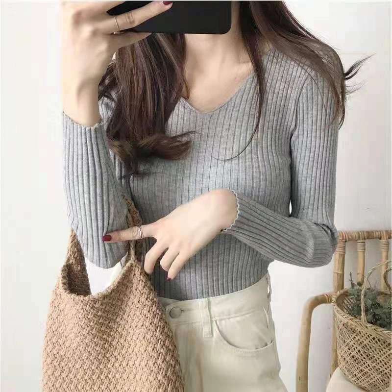 New knitted v-neck long sleeve blouse/knitted top /longsleeve top