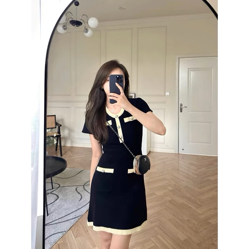 French style pink dress, ladies' slim knitted dress, summer short-sleeved dress