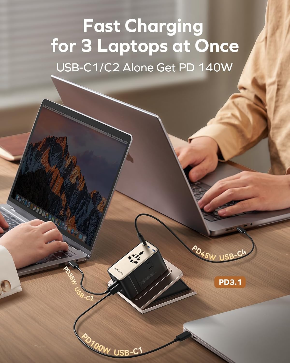 Momax 9-in-1 High-Power Universal Travel Adapter, 205W GaN Worldwide Charging Hub with 6 USB-C & 1 USB-A, AC Outlet, Type A/C/G/I Plugs for 200+ Countries, Safe for Laptops, Phones