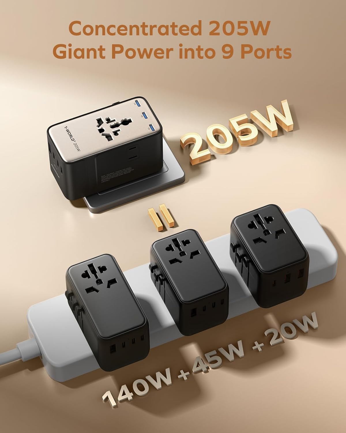Momax 9-in-1 High-Power Universal Travel Adapter, 205W GaN Worldwide Charging Hub with 6 USB-C & 1 USB-A, AC Outlet, Type A/C/G/I Plugs for 200+ Countries, Safe for Laptops, Phones