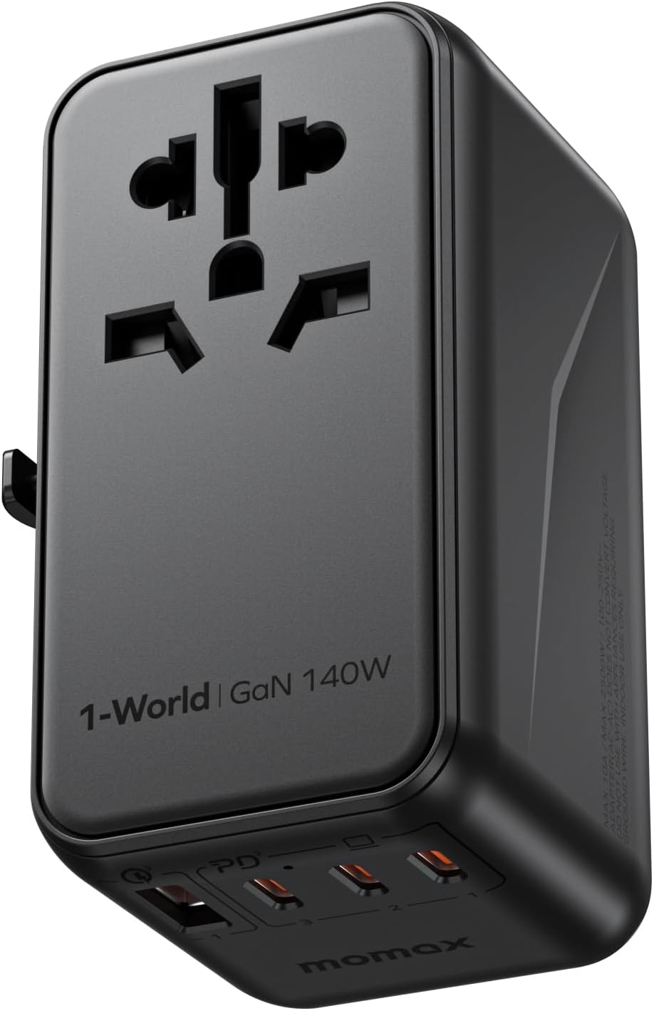 MOMAX 5-in-1 Universal Travel Adapter, GaN 140W International Power Adapter, 3 USB-C PD Fast Charging & 1 USB-A QC, 1 AC, All-in-one International Plug Adapter for Travel European UK AUS JP