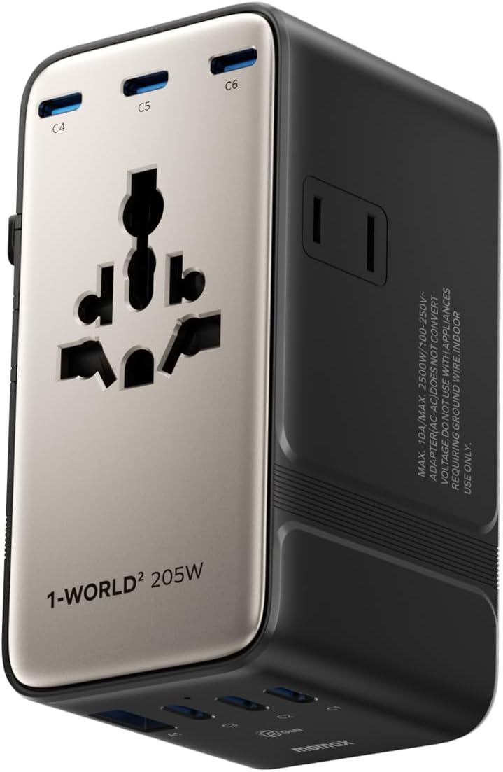 Momax 9-in-1 High-Power Universal Travel Adapter, 205W GaN Worldwide Charging Hub with 6 USB-C & 1 USB-A, AC Outlet, Type A/C/G/I Plugs for 200+ Countries, Safe for Laptops, Phones