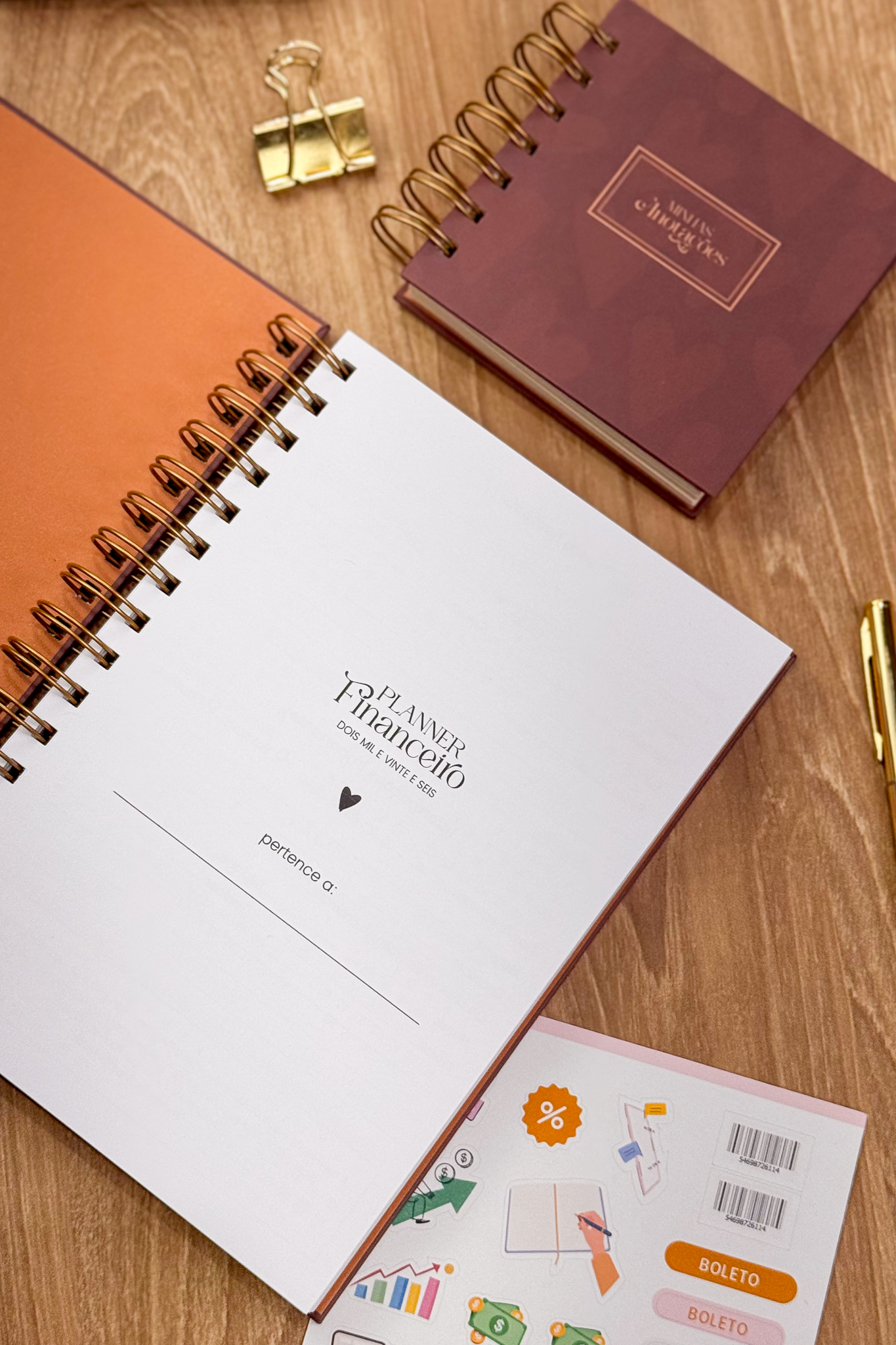 Kit Planner financeiro marrom e bloco de anotações