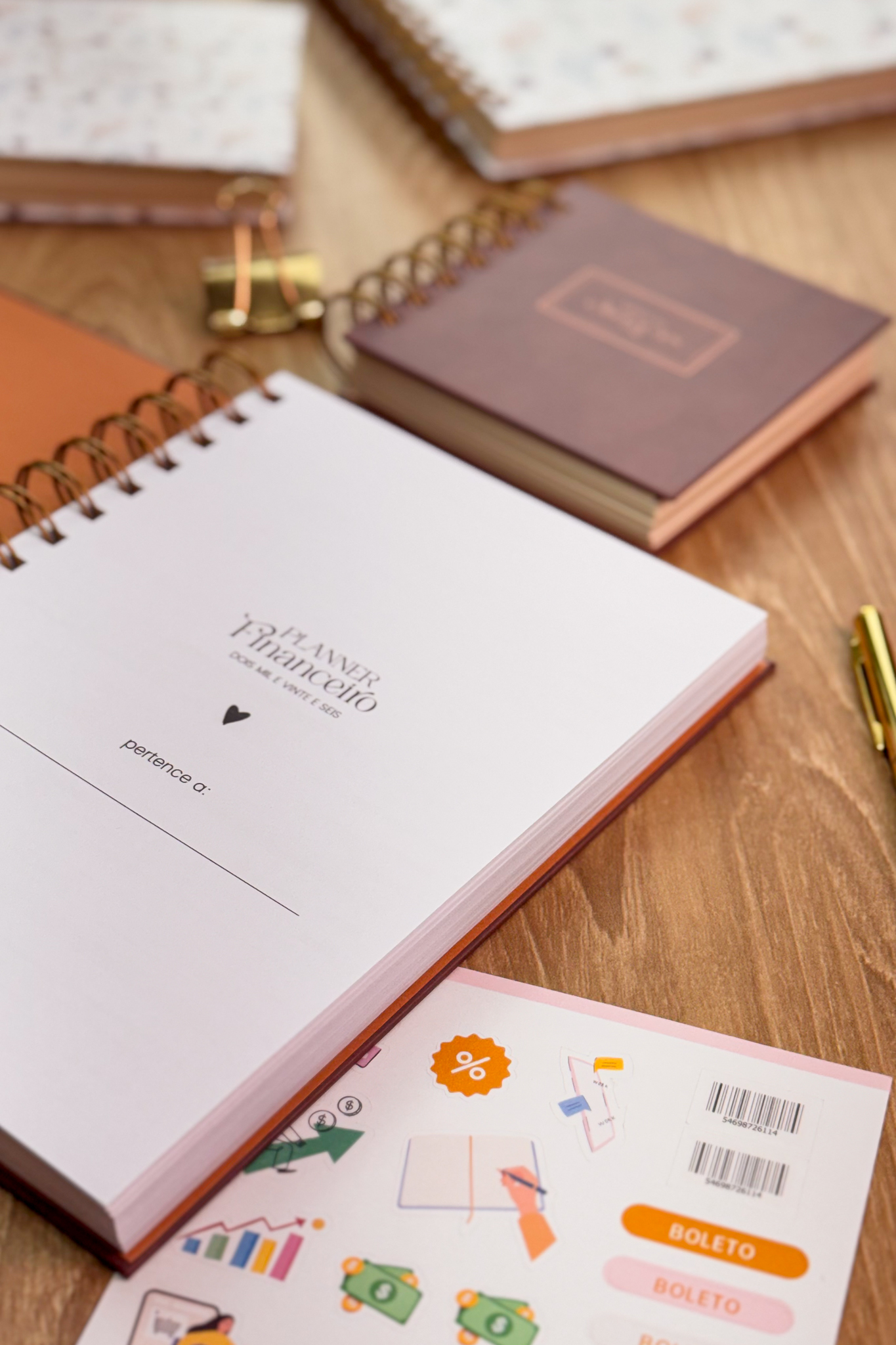 Kit Planner financeiro marrom e bloco de anotações